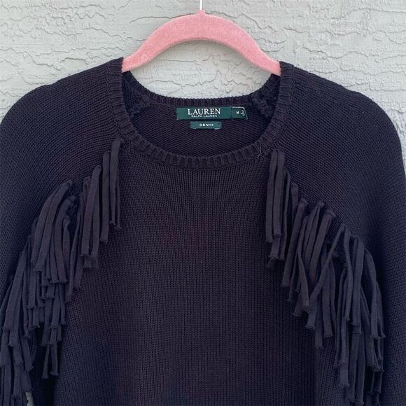 Lauren Ralph Lauren Women's Black Fringe Pullover Sweater Size M - Picture 6 of 13